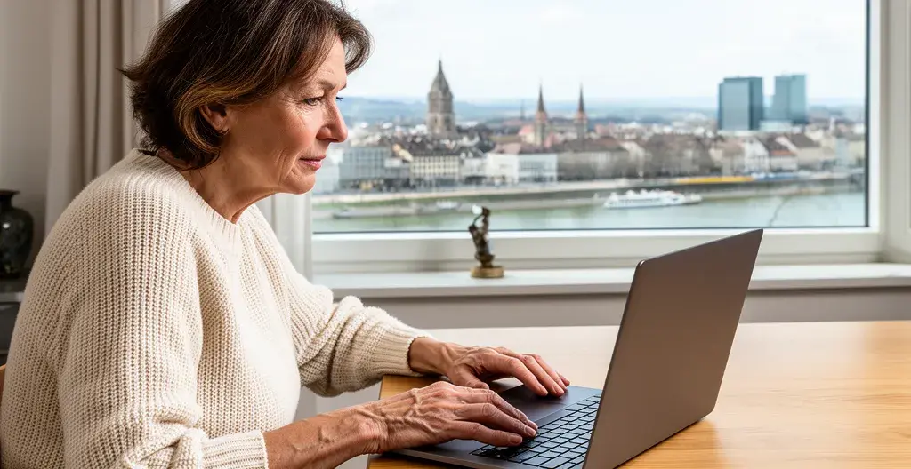Immobilienmakler Vergleich online am Laptop mit Basler Stadtbild